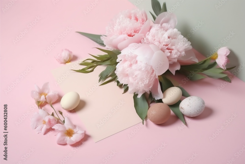 celebration holiday background egg pink easter blossom flower spring peony floral. Generative AI.