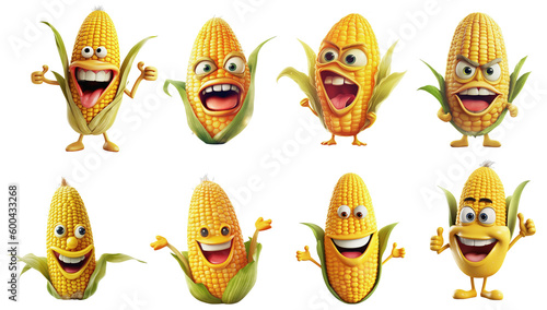 Illustrations of smiling and angry corn cobs cartoon on a transparent background, Generative AI