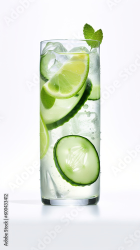 Cucumber lime refresher, glass of water with cucumber slices in it. AI generative image. Generative AI