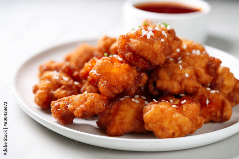 Dakgangjeong: Crispy fried chicken bites with sweet and spicy sauce, generative AI Korean dish Dakgangjeong: Crispy fried chicken bites with sweet and spicy sauce, generative AI Korean dish