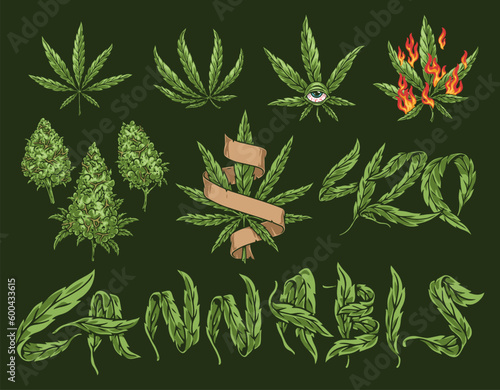 Cannabis grass set sticker colorful