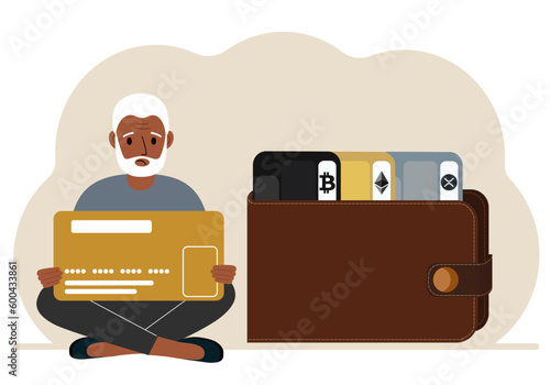A man holds a card, next to a wallet with different cards for cryptocurrencies. Internet wallet, digital money transactions, exchange platform, cold wallet or hardware wallet.