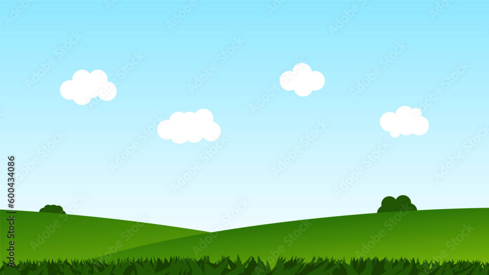 landscape cartoon scene. green field with white cloud and blue sky landscape cartoon scene. green field with white cloud and blue sky