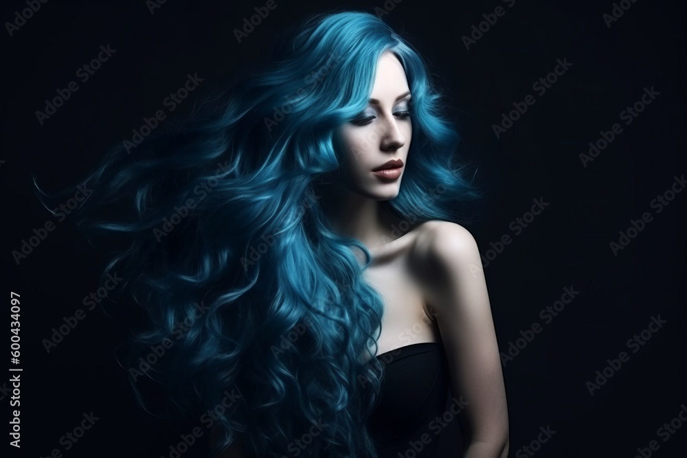 Fototapeta premium Long blue hair. Beautiful woman. Beautiful illustration picture. Generative AI