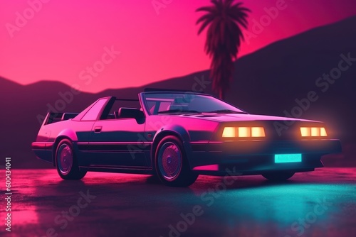 Synthwave style car is outdoors. Beautiful illustration picture. Generative AI © standret
