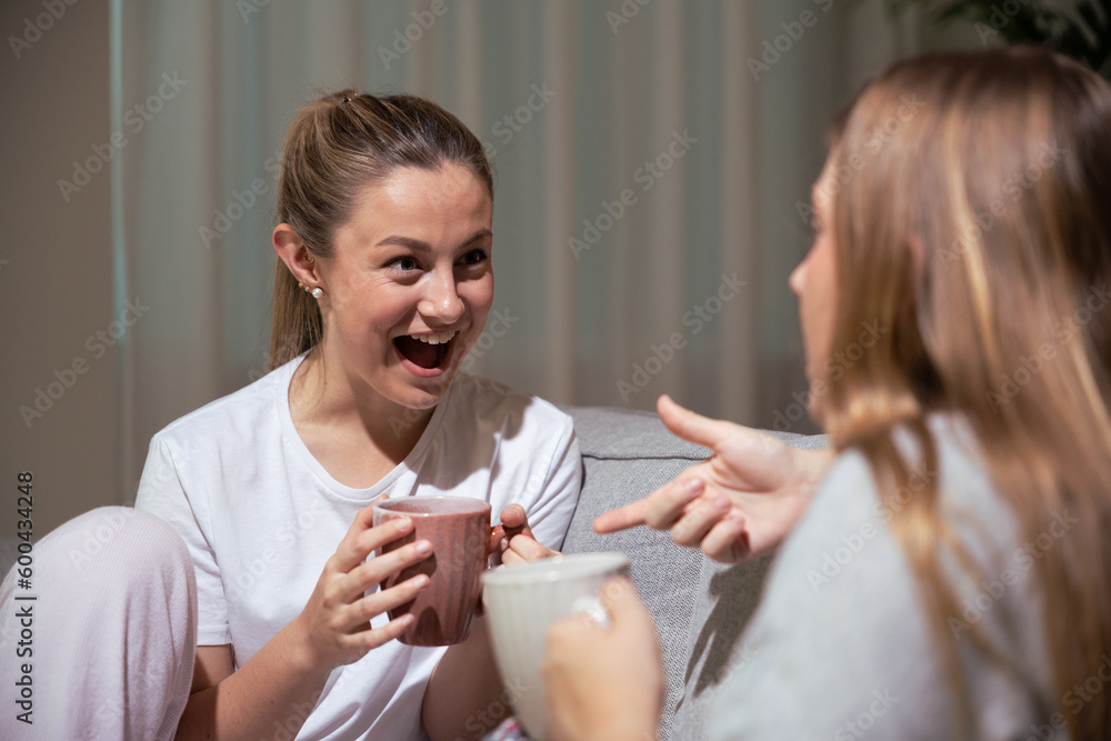 Happy young woman talking with friend on sofa Happy young woman talking with friend on sofa