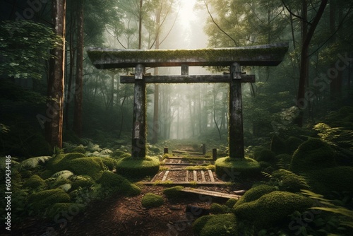 Digital drawing of a wooden torii arch in green forest with path. Generative AI