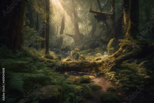 Magical forest scenery with an enchanted vibe. Generative AI © Arlo