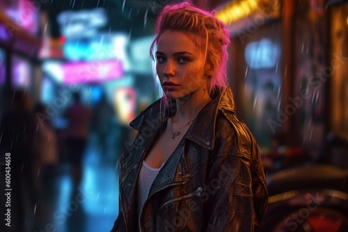Neon color night street. Beautiful woman. Beautiful illustration picture. Generative AI