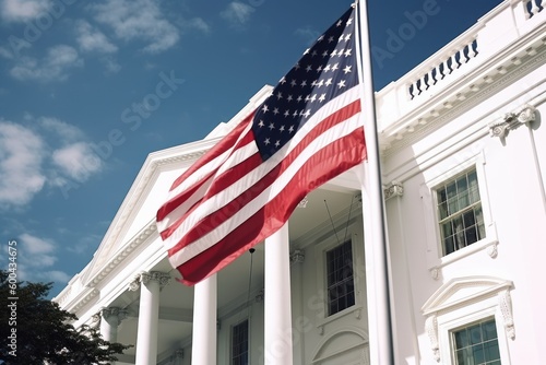 USA flag near the white house. Beautiful illustration picture. Generative AI