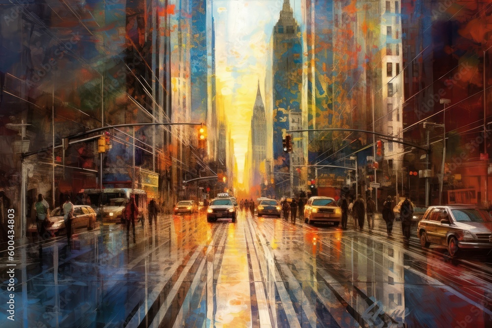 Modern city. Vibrant ink oil painting landscape. Beautiful illustration picture. Generative AI