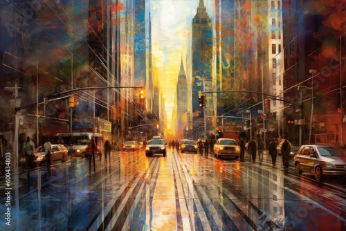 Modern city. Vibrant ink oil painting landscape. Beautiful illustration picture. Generative AI © standret