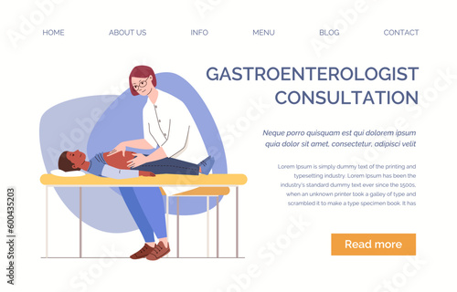 Child in hospital with symptoms of abdominal pain. Pediatrician palpates child's abdomen. Boy lies on couch while being examined by doctor. Vector illustration flat cartoon. Landing page template. 