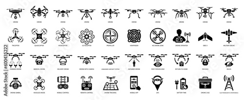 Drone unmanned aerial vehicle glyph icon set. Military and delivery aircraft symbols.