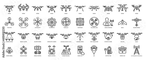 Drone unmanned aerial vehicle glyph icon set. Military and delivery aircraft symbols.