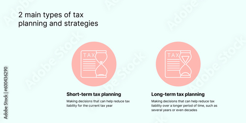 Tax Planning and Strategies Banner on Light Background. Stylish Taxation Banner with Black Text and Colored Icons of Tax Forms and Hourglasses for Business and Finance