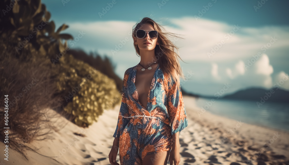 attractive fashion woman in beach dress walks along tropical beach - vacation, dream beach and travel theme - Generative AI - obrazy, fototapety, plakaty 