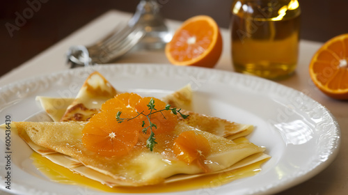 Crepe suzette, tasty pancakes with orange sauce on white plate, generative AI traditional French dessert