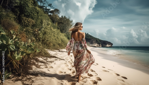 attractive fashion woman in beach dress walks along tropical beach - vacation, dream beach and travel theme - Generative AI
