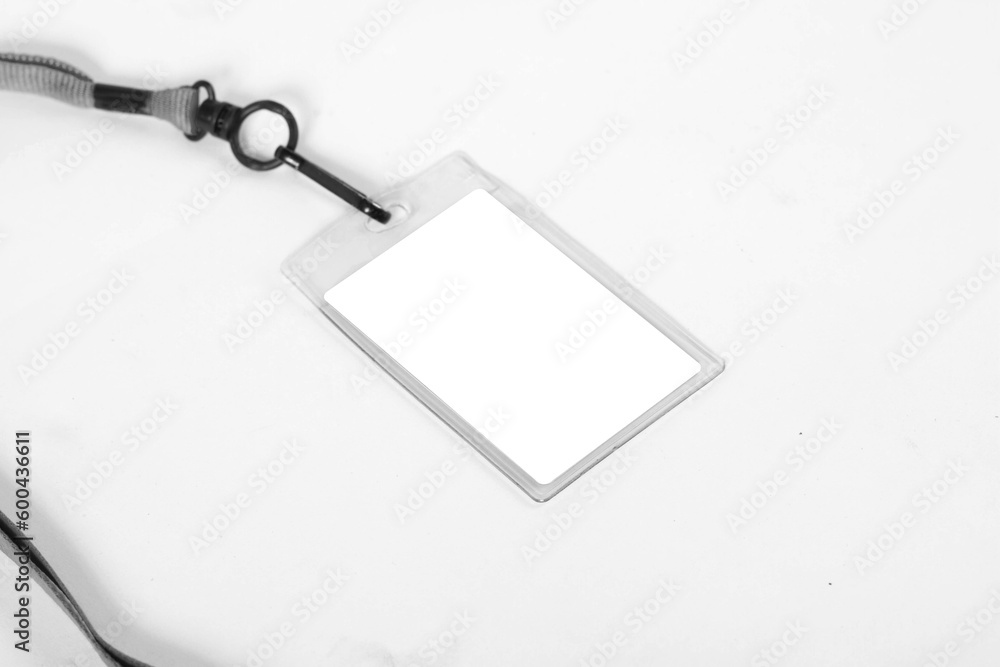 Blank name bagde lace mockup, 3d rendering. Plain empty namebadge mock up with cotton band. White cord ribbon and transparent plastic paper holder. Badge clipping path, 3D rendering. Blank name bagde lace mockup, 3d rendering. Plain empty namebadge mock up with cotton band. White cord ribbon and transparent plastic paper holder. Badge clipping path, 3D rendering.