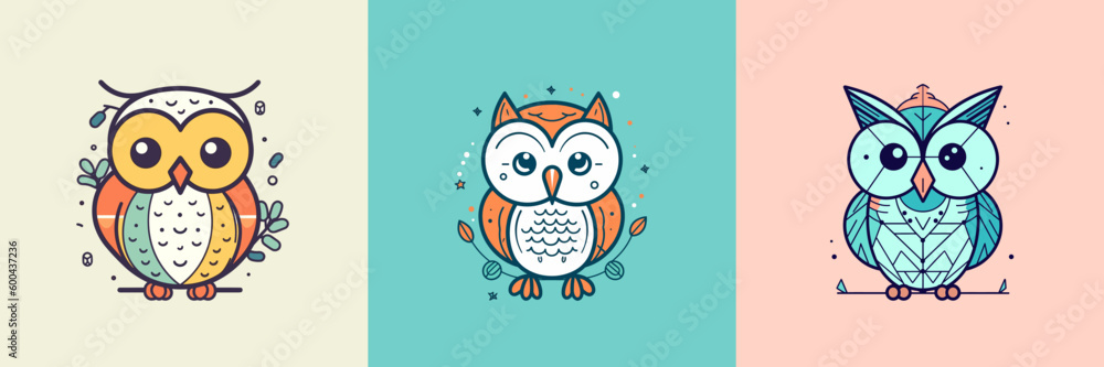 Cute baby owl mascot kawaii cartoon bird illustration set collection
