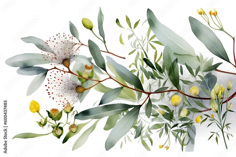 Watercolor eucalyptus branch with leaves and flowers. AI botanical illustration. Artistic floral sketch for invitation, wedding or greeting cards, design, print, fabric or background.
