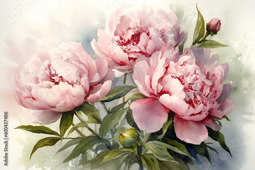 Watercolor realistic picture of a  pink  peony flower. Floral vintage arrangement. Botanical illustration for greeting  cards  bouquets  wreaths  wedding invitations and summer backgrounds  anniversary.