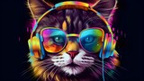DJ cat listening to music with headphones on and sunglasses. Generative AI.