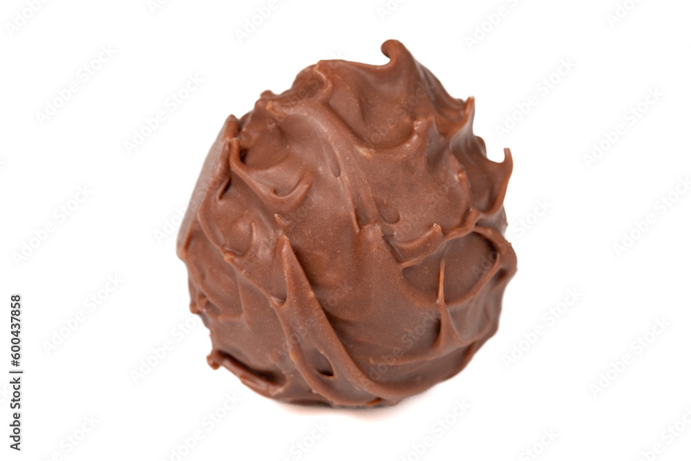 Praline chocolate. Chocolate with truffles or praline filling isolated on white background. Close up Praline chocolate. Chocolate with truffles or praline filling isolated on white background. Close up