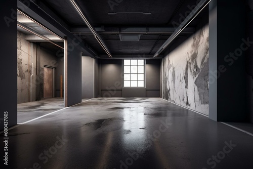 Void gallery room with blank black surface and unadorned cement floor. Generative AI