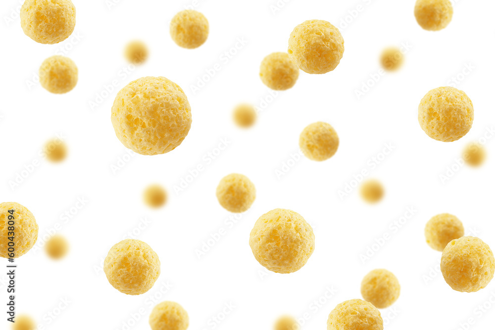 Falling corn ball, isolated on white background, selective focus