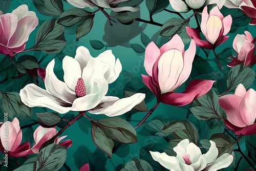 background pattern watercolor decoration floral plant flower leaf seamless magnolia wallpaper. Generative AI.