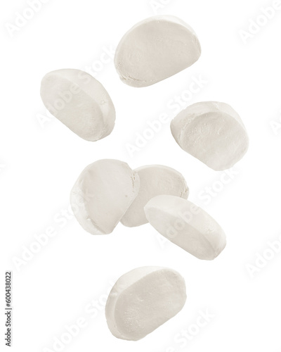 Papier peint Falling Mozzarella cheese isolated on white background, full depth of field