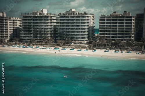 Hotels by the Caribbean Sea in Cancun, Quintana Roo. Generative AI © Akio