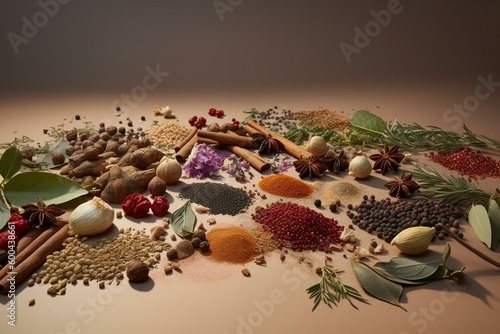 Variety of Mediterranean herbs and spices with transparent shadow on clear background. PNG food backdrop. Generative AI