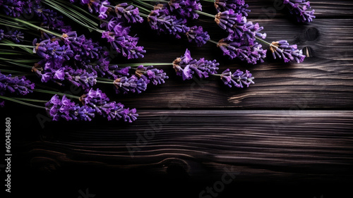 Purple lavender flowers and leaf Border surrounding on a Dark black rustic Wooden Tabletop  Highlighting the Soft and Selective Elements of Flower Border Art. Generative ai