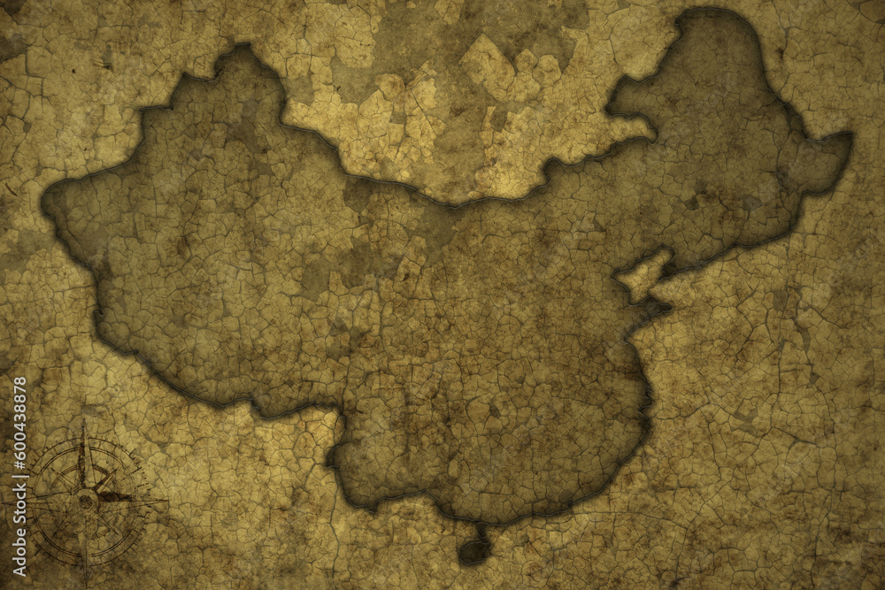 map of china on a old vintage crack paper background .