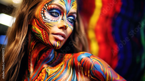 Body Paint, Captivating woman adorned in vibrant body paint, transforming her into a living canvas, showcasing a mesmerizing fusion of colors and artistry. Generative AI