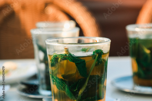 whisky maroccan mint Tea at rooftop in Jemaa el-Fna Marrakech at Night, Morocco, koutoubia photo