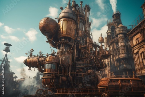 Towering steampunk machines in fantastic cityscape. Generative AI