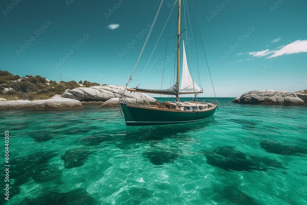 A sailboat floating in the green lagoon. Generative AI