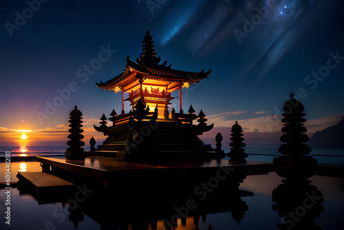 Buddhist temple surrounded by sea illustration
