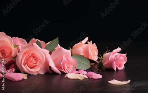 Pink roses on a black background with petals, copy space. Love concept