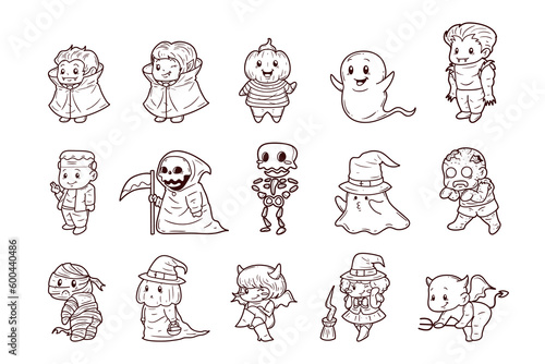 Set of halloween costume character hand-drawn outline sketch illustration