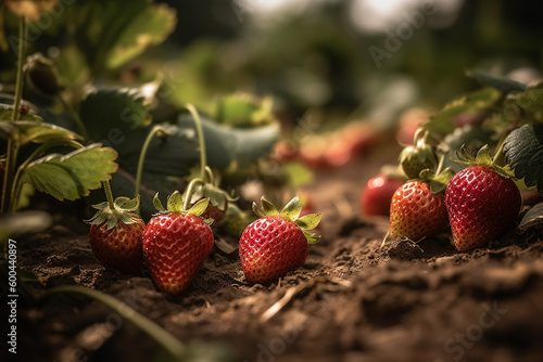 Strawberry plantation. Red strawberries. Generative AI