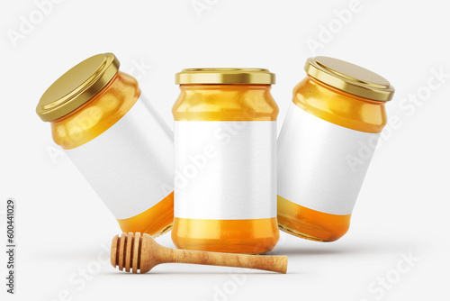 Glass jar of honey with blank label over white background. Mock up. 3D illustration, 3D rendering.