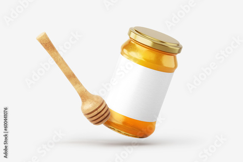 Glass jar of honey with blank label over white background. Mock up. 3D illustration, 3D rendering.