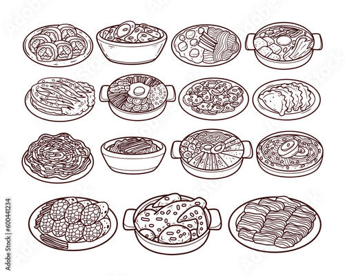 Set of Korean food hand-drawn outline sketch illustration