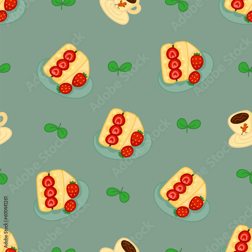 Vector seamless pattern with sweets, pastries and berries. Cakes and biscuits on coasters, cookies with crumbs, croissants, chocolate muffins hand drawn seamless background