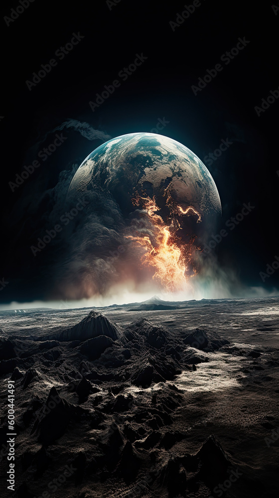 Fototapeta premium Collision of planets in space. Global catastrophe on earth, view from the lunar base Generative AI